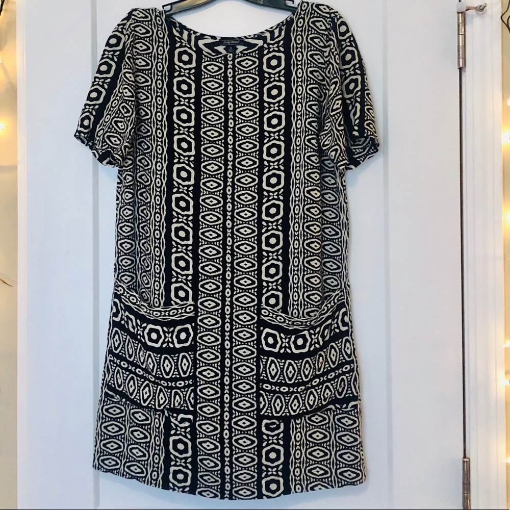 Lucky Brand Black & White Geometric Fully Lined Short Sleeve Dress Small